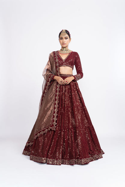 Mahroon Dense Dot Lehenga Set