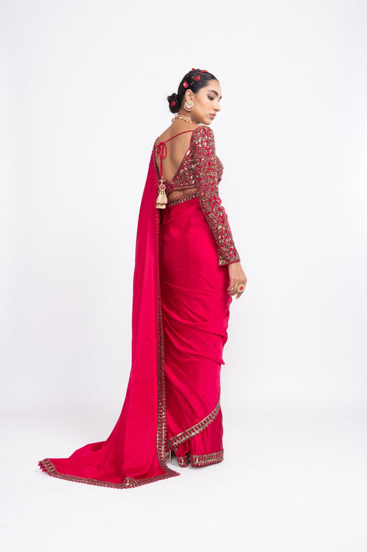 Red Satin Saree Set