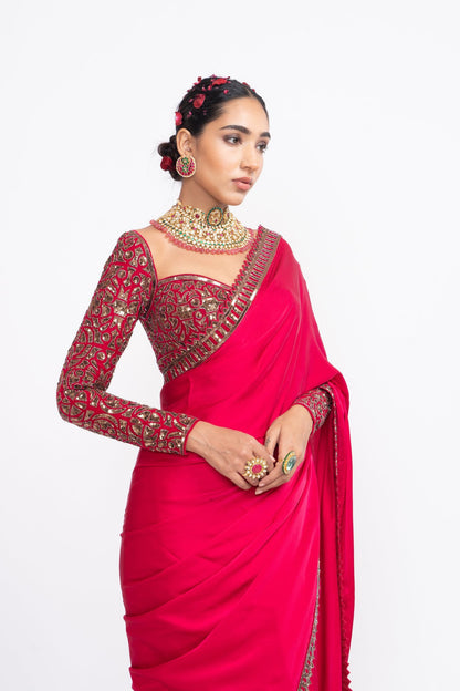 Red Satin Saree Set