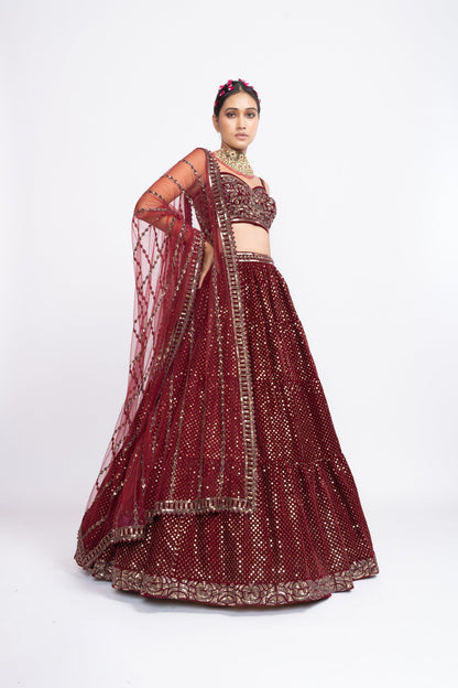 Mahroon Dense Dot Corset Lehenga Set
