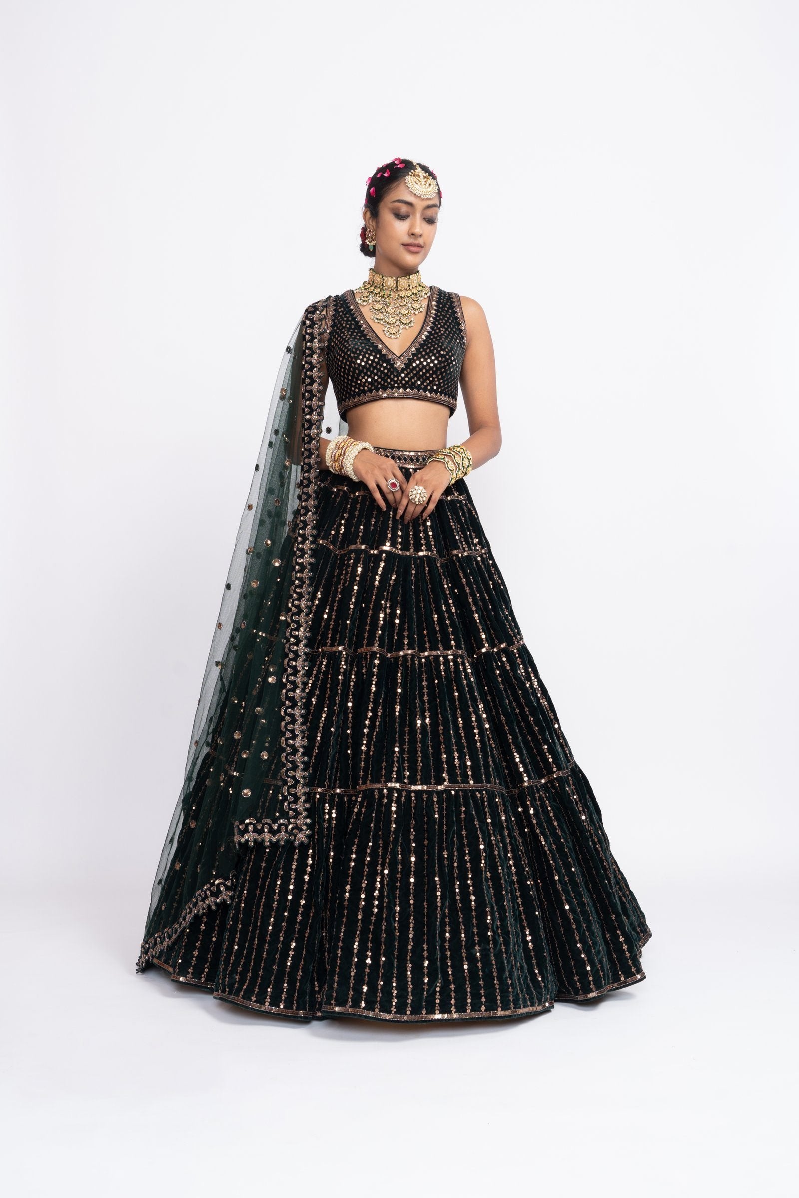 Deep Green Full Tier Lehenga Set