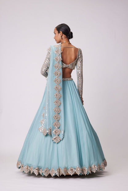 Powder Blue Organza Mirror Embroidered Lehenga Set
