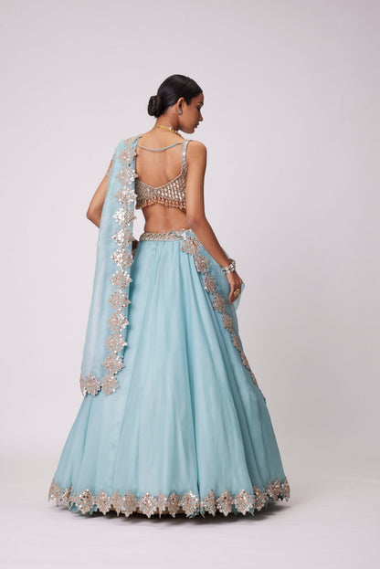 Powder Blue Organza hand Embroidered Lehenga Set