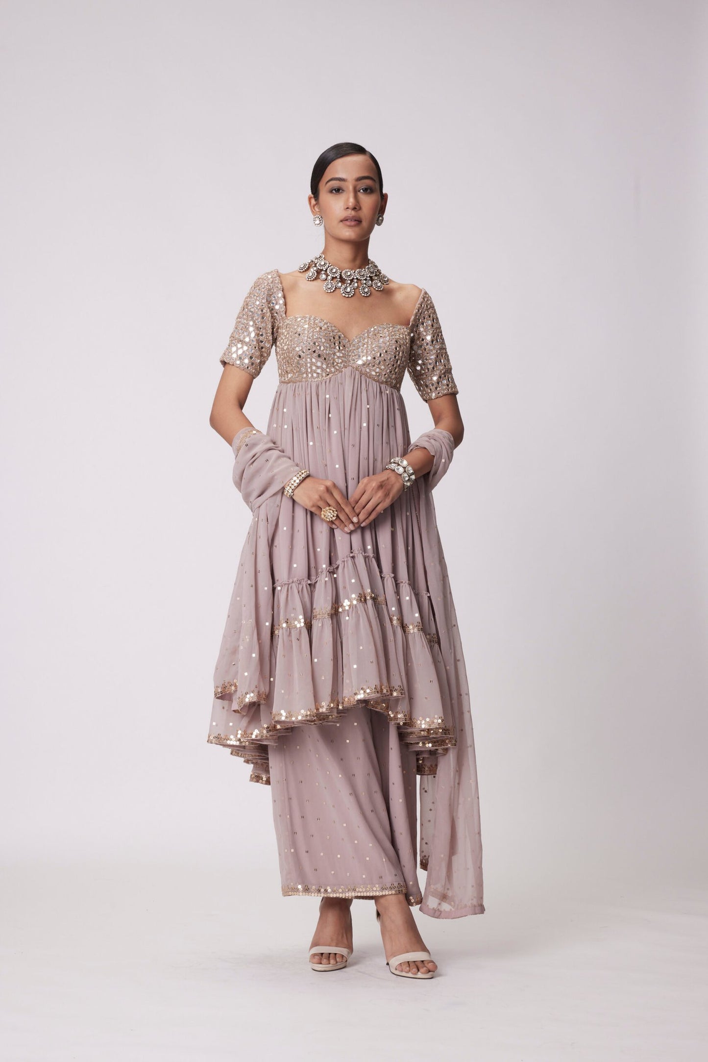 Ash Pink High Low Real Hand Cut Mirror Embroidered Kurta Set