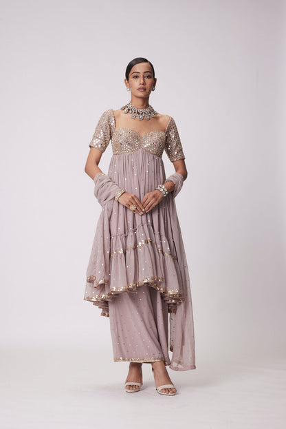 Ash Pink High Low Real Hand Cut Mirror Embroidered Kurta Set