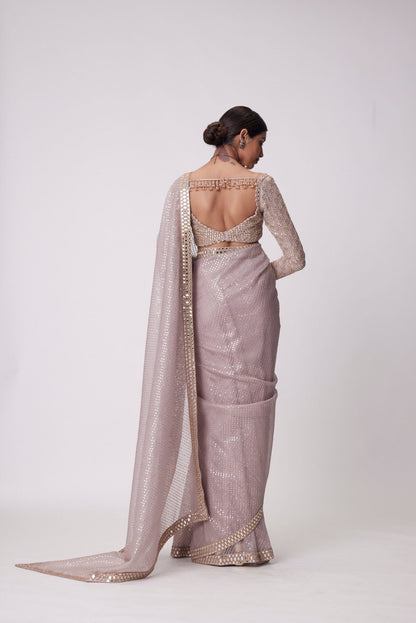 Ash Pink Hand Embroidered Organza Saree Set