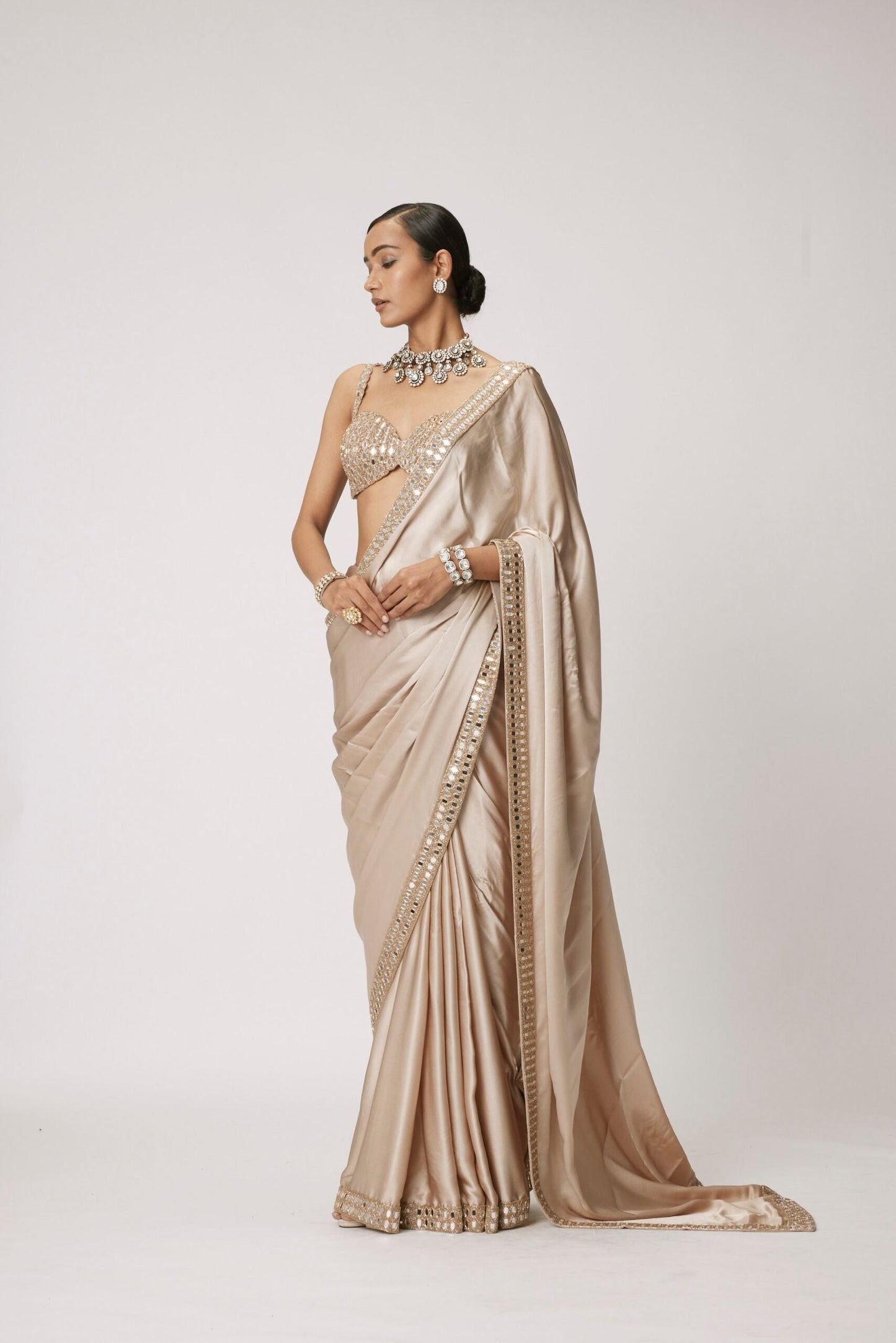 Light Beige satin Saree Set