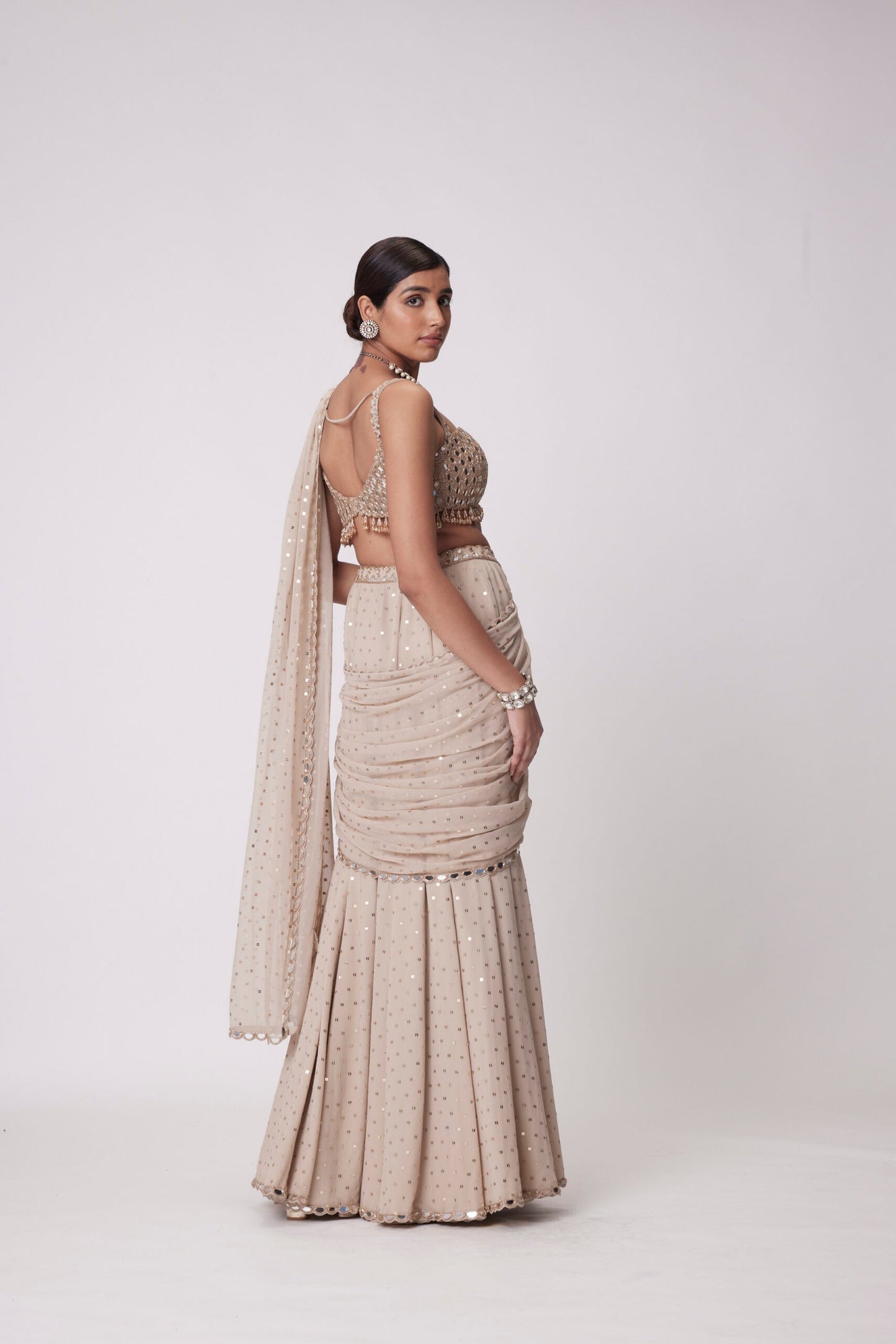 Light Beige Georgette Draped Saree Set