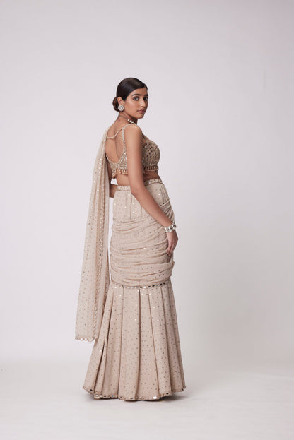 Light Beige Georgette Draped Saree Set
