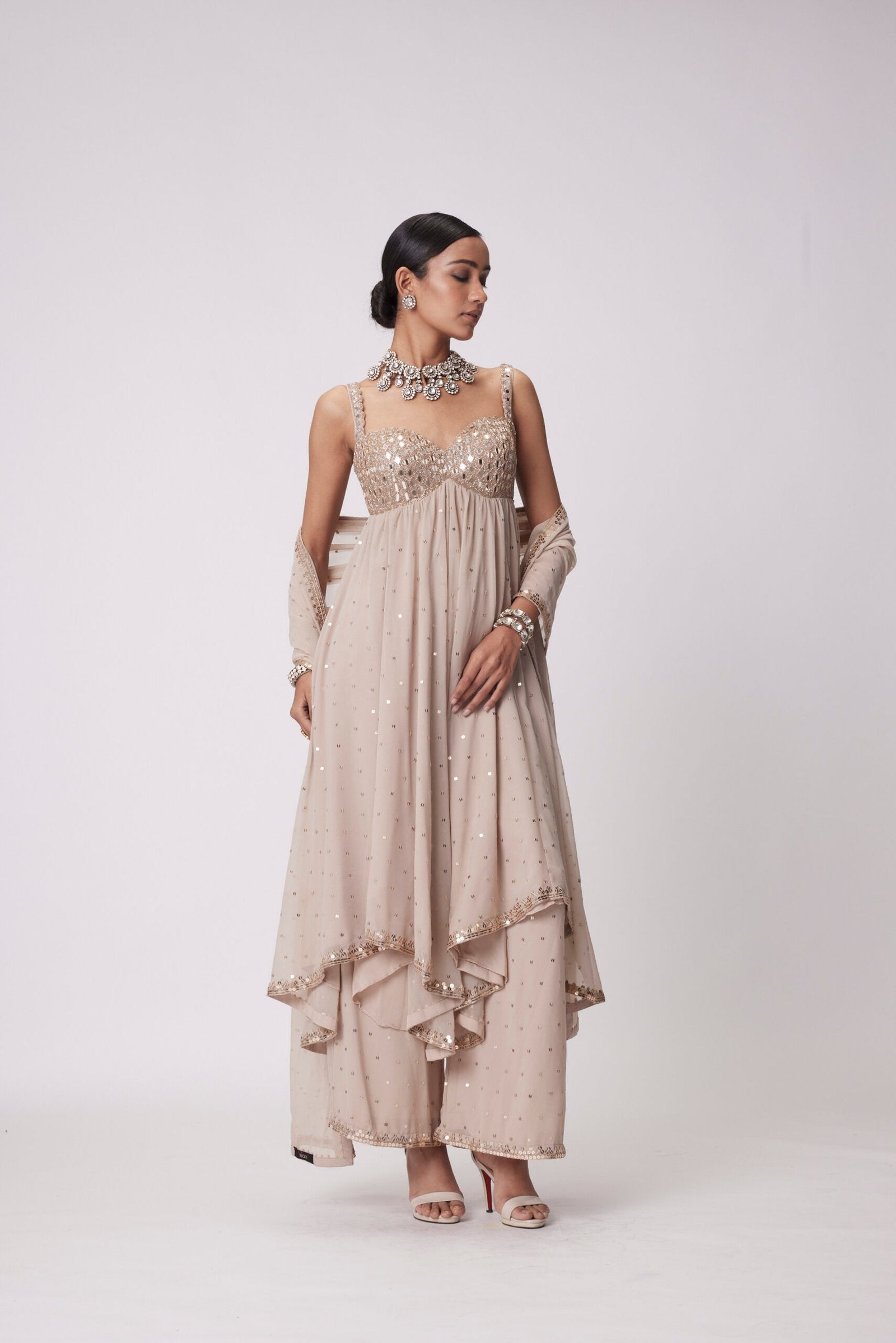 Light Beige High Low Real Hand Cut Mirror Embroidered Kurta Set