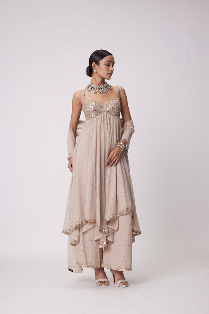 Light Beige High Low Real Hand Cut Mirror Embroidered Kurta Set