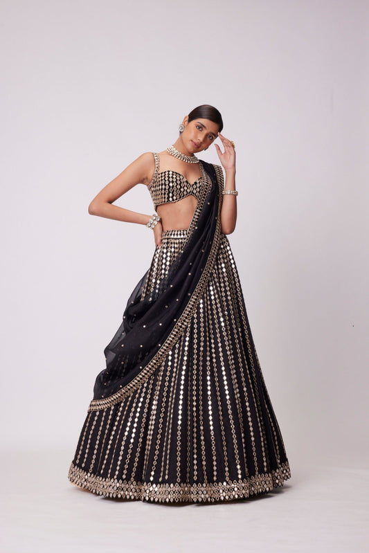 Black Linear Mirror Embroidered Lehenga Set