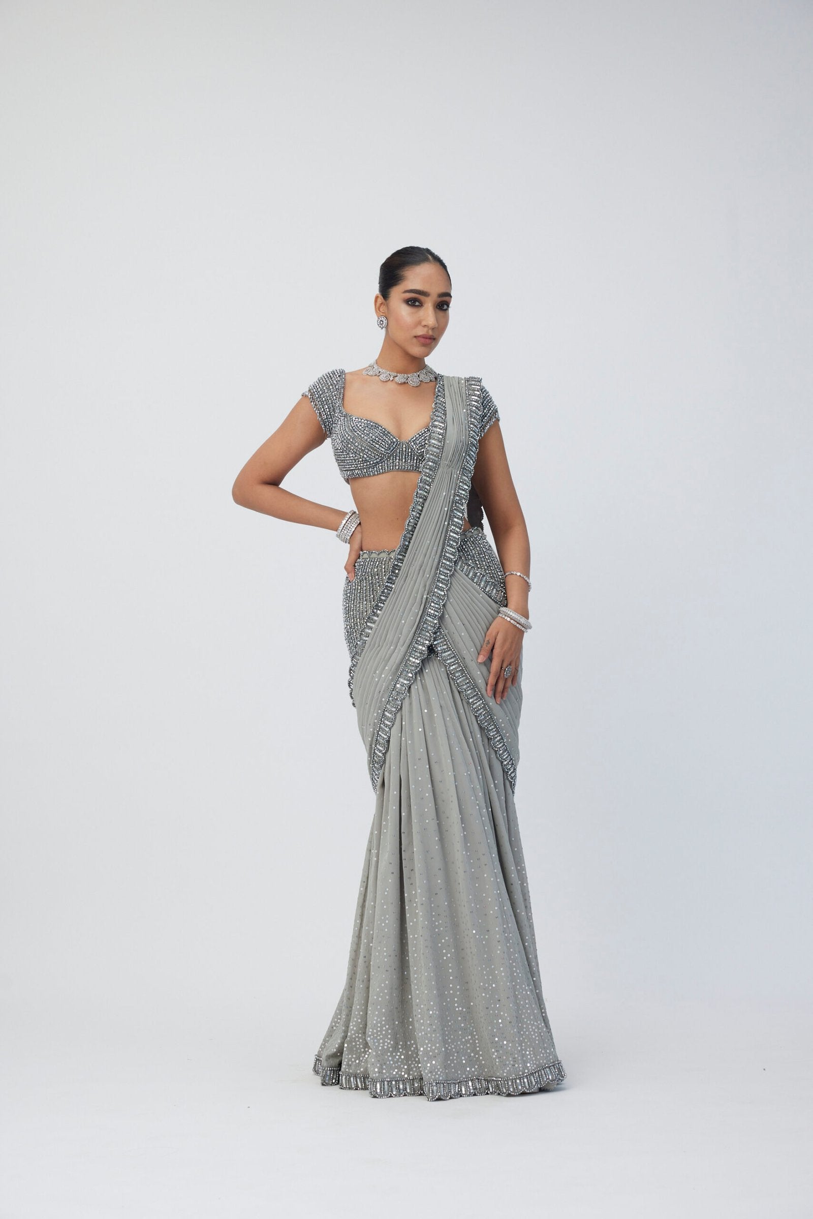 Crystal Grey Pre Draped  Saree Set