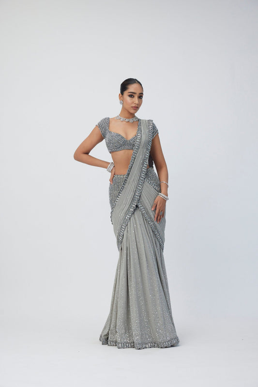 Crystal Grey Pre Draped  Saree Set