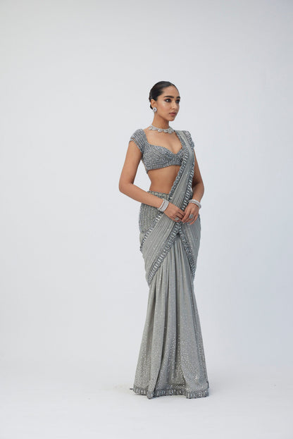 Crystal Grey Pre Draped  Saree Set