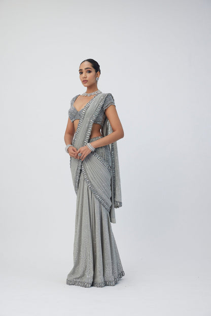 Crystal Grey Pre Draped  Saree Set
