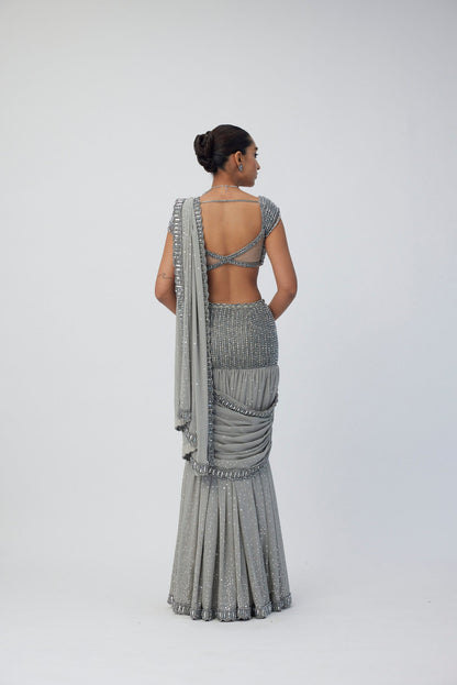 Crystal Grey Pre Draped  Saree Set