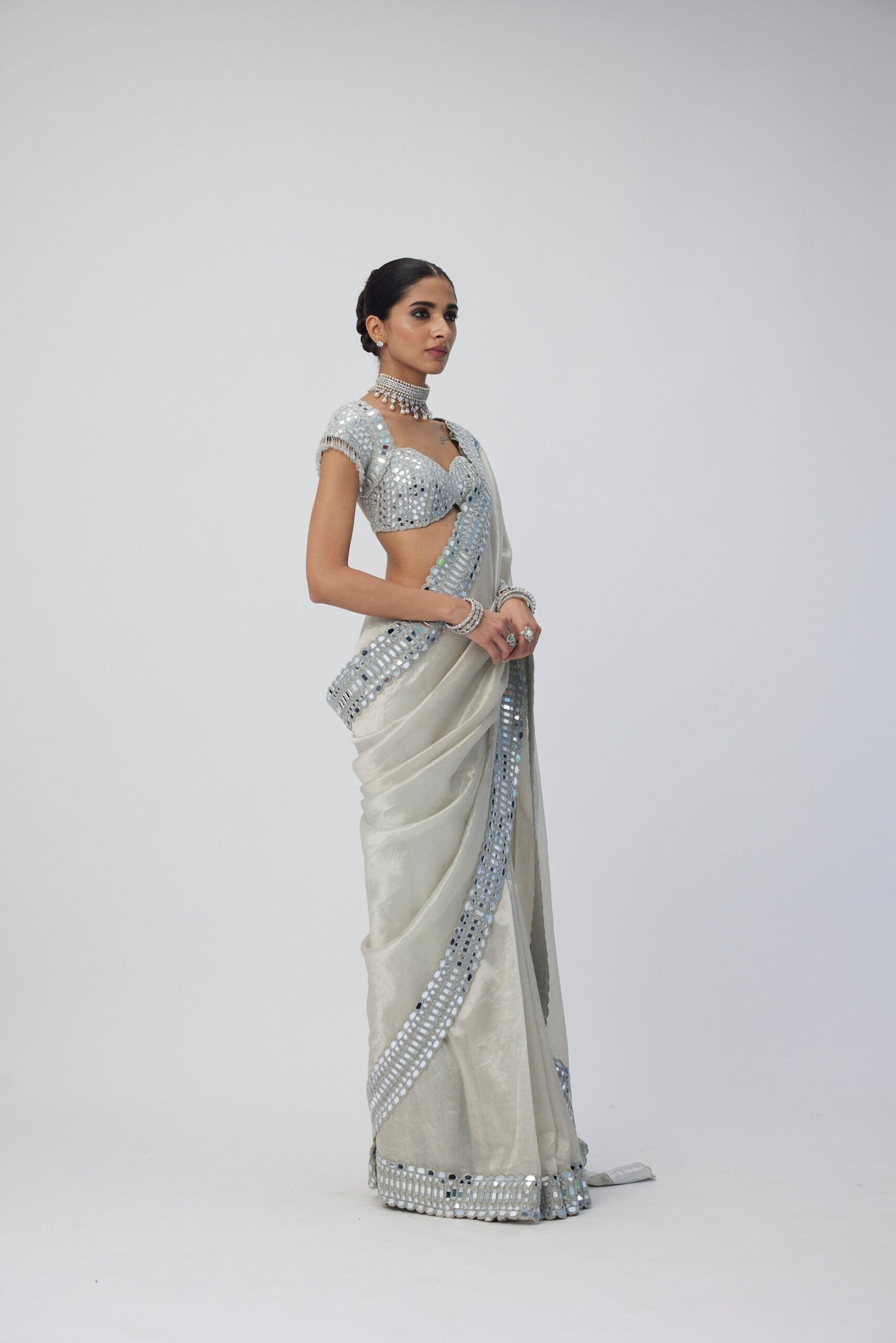 Silver Shimmer Organza Saree Set