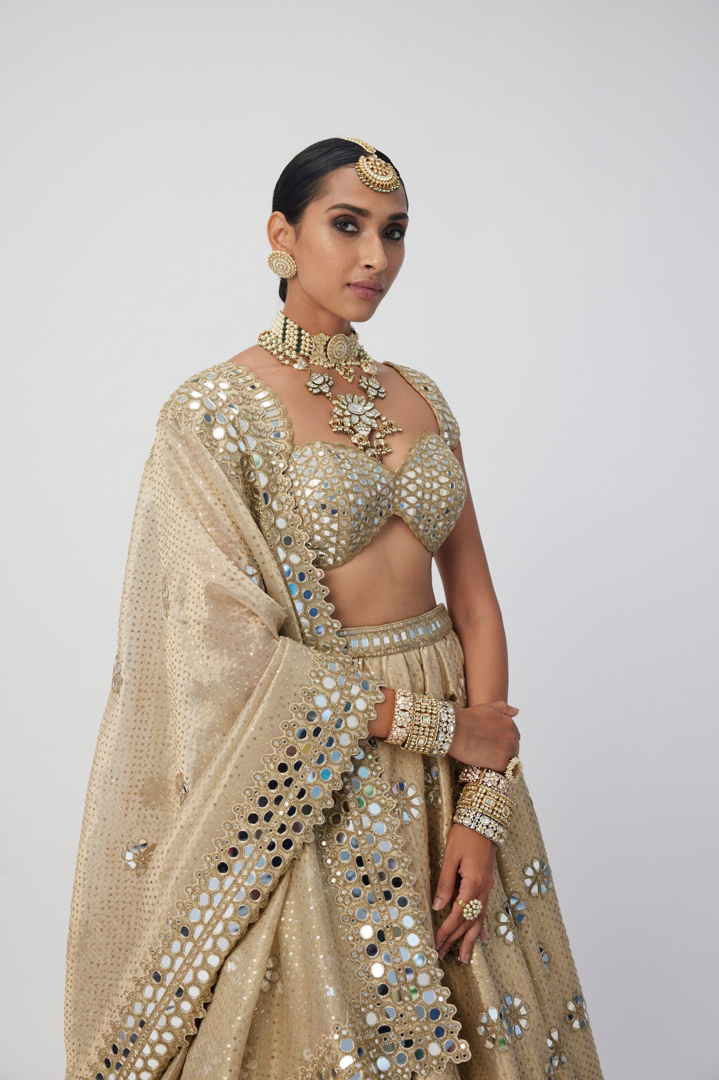 Golden Shimmer Organza Flower Lehenga Set