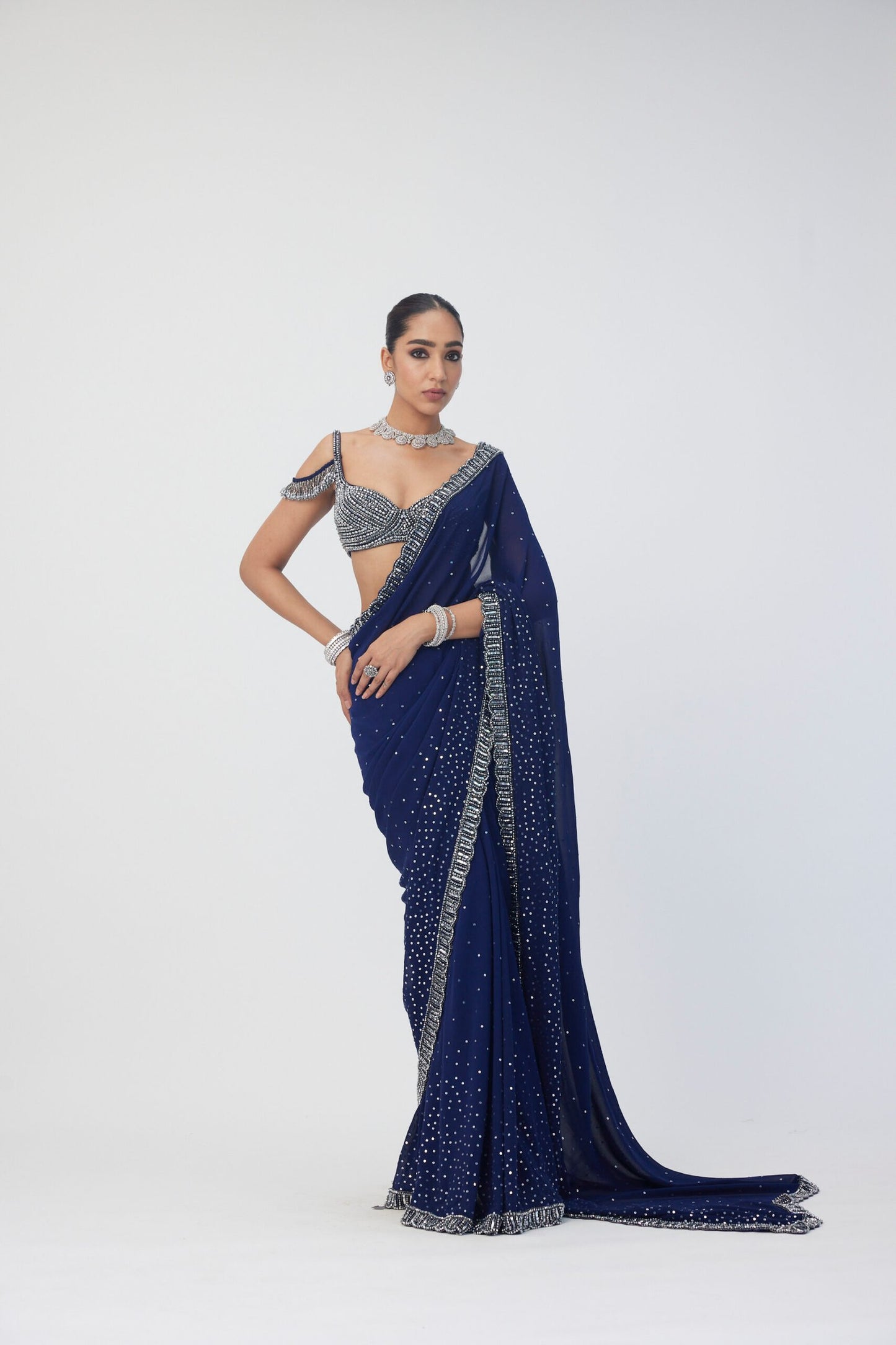 Deep Blue Sequins Scattered Saree Set
