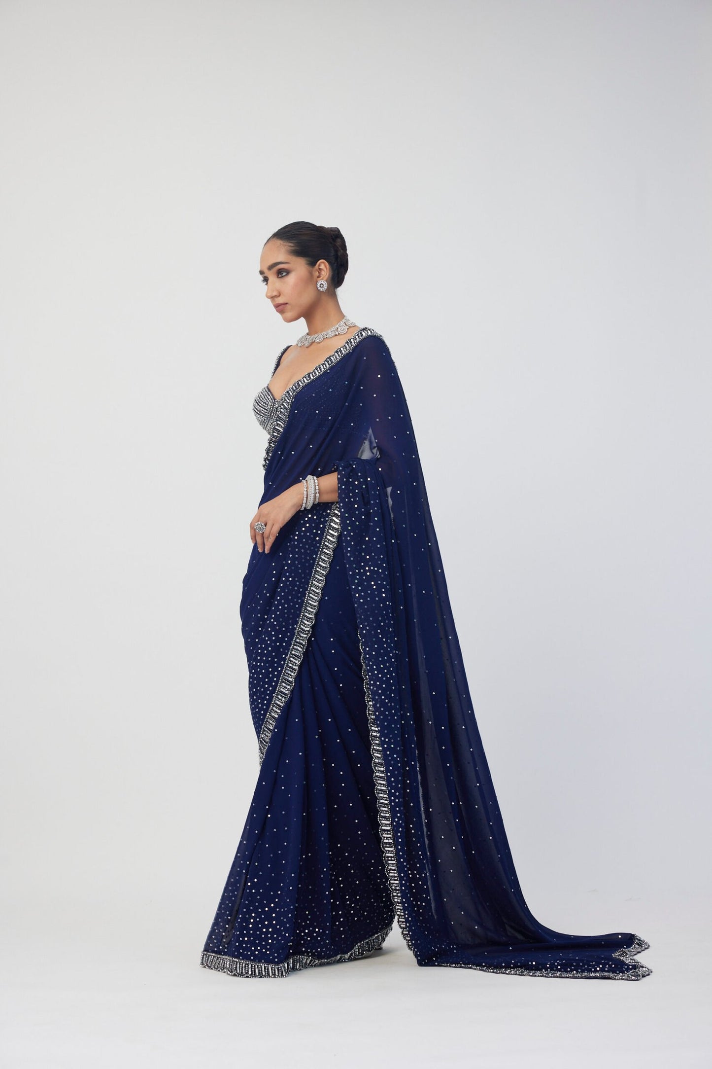 Deep Blue Sequins Scattered Saree Set