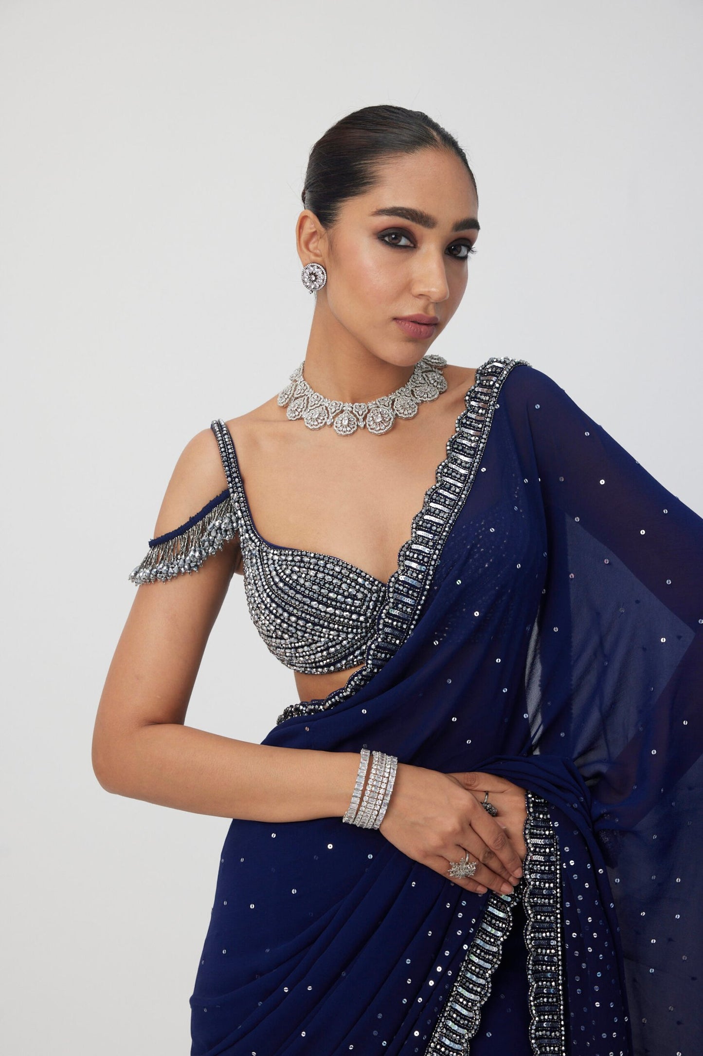 Deep Blue Sequins Scattered Saree Set