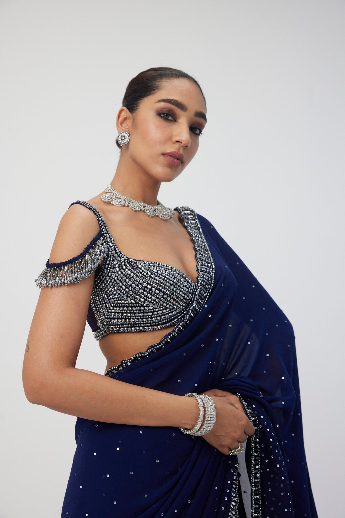 Deep Blue Sequins Scattered Saree Set