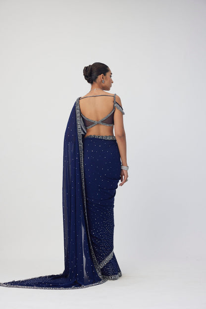 Deep Blue Sequins Scattered Saree Set