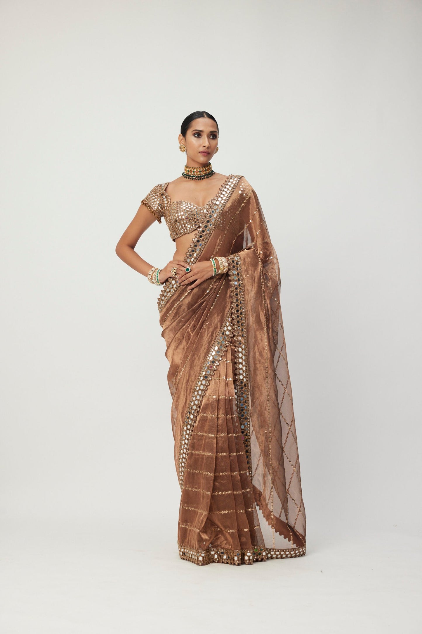 Copper  Shimmer Organza Saree Set