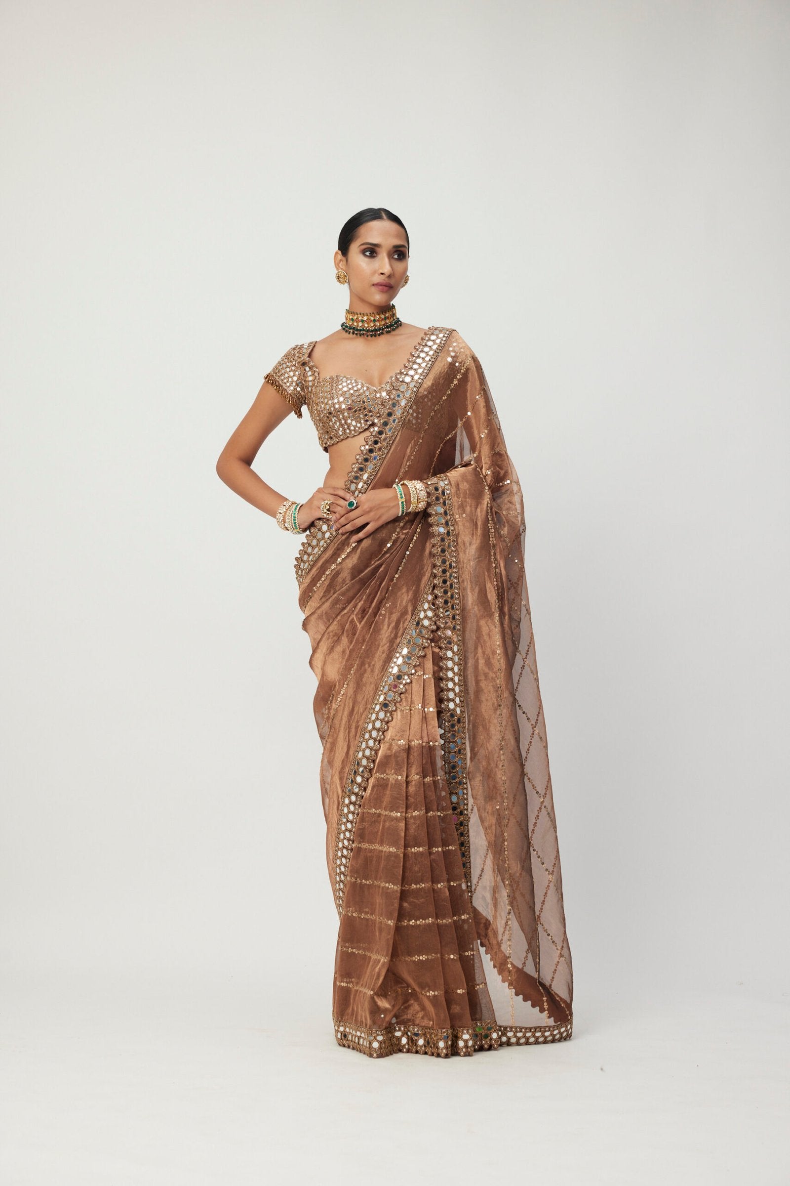 Copper  Shimmer Organza Saree Set