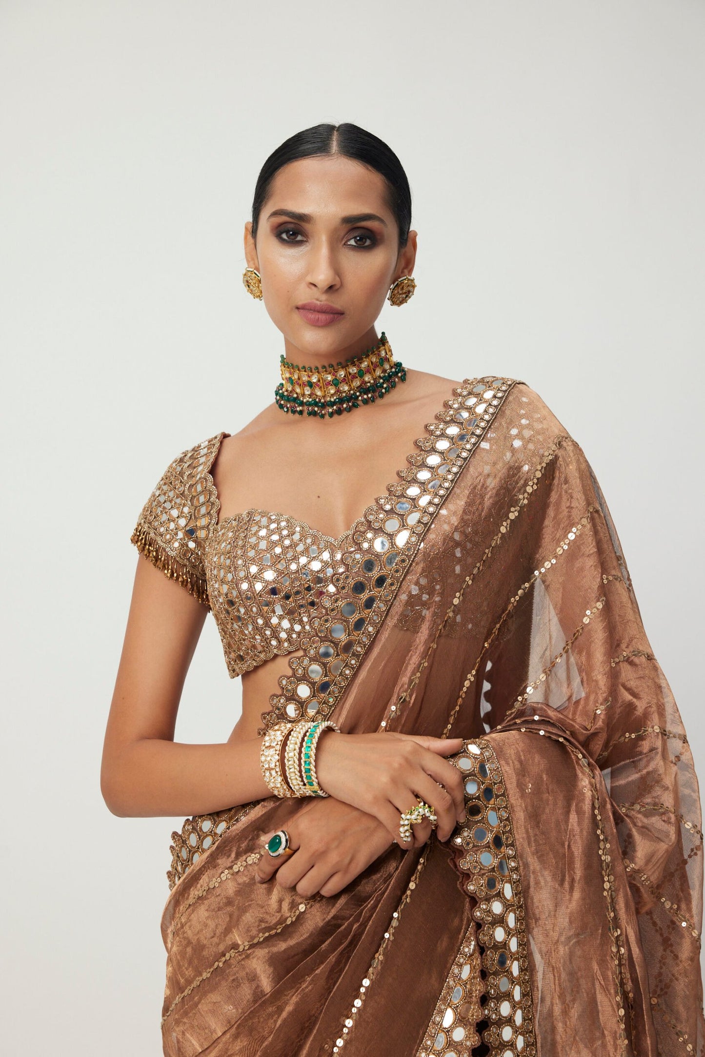 Copper  Shimmer Organza Saree Set