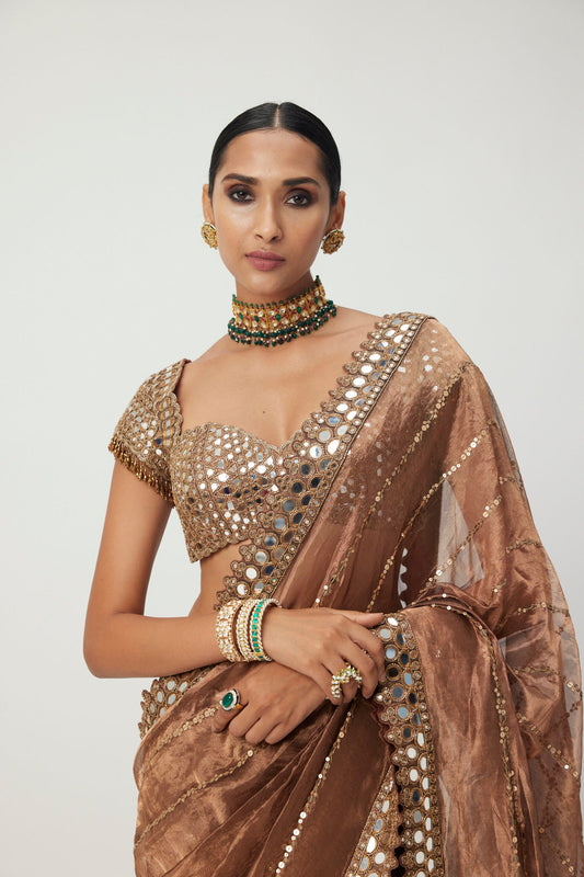 Copper  Shimmer Organza Saree Set