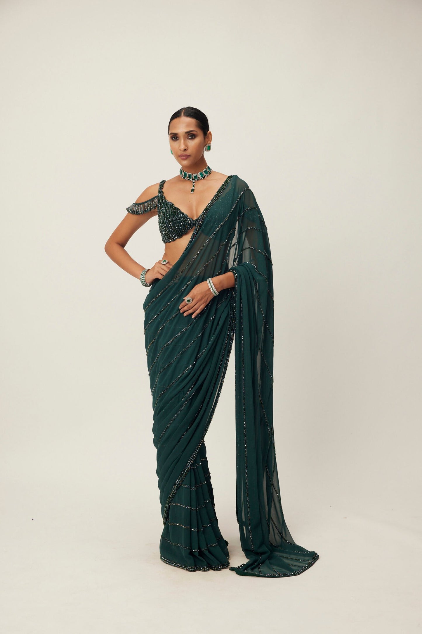 Dark Jade Green Crystal Linear Pre-Draped Embroidered Saree
