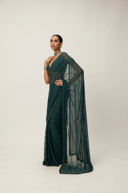 Dark Jade Green Crystal Linear Pre-Draped Embroidered Saree