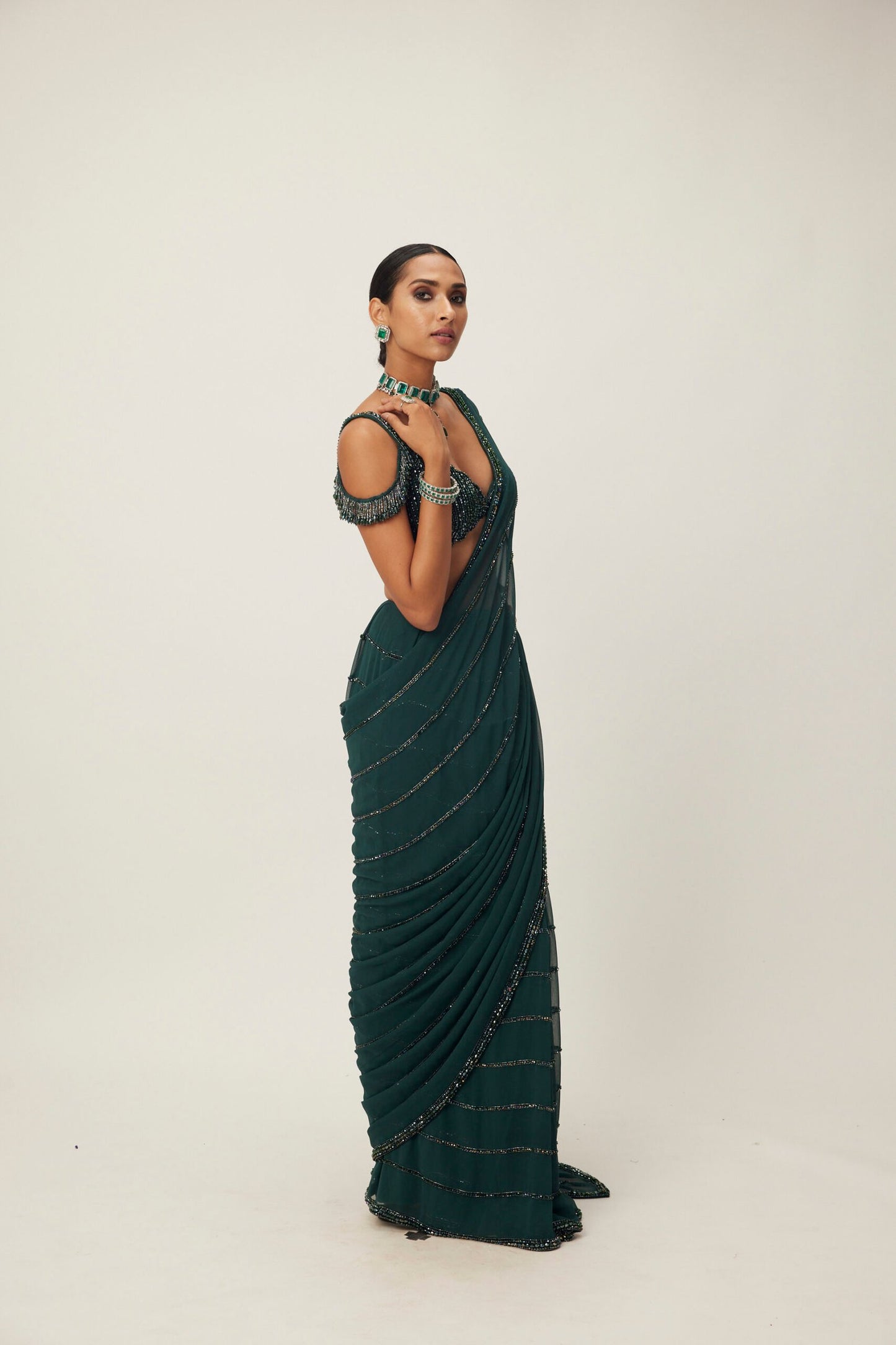 Dark Jade Green Crystal Linear Pre-Draped Embroidered Saree
