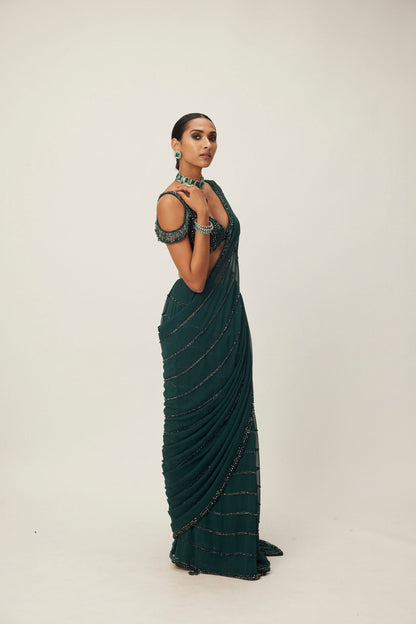 Dark Jade Green Crystal Linear Pre-Draped Embroidered Saree