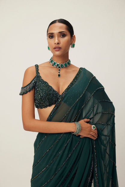 Dark Jade Green Crystal Linear Pre-Draped Embroidered Saree