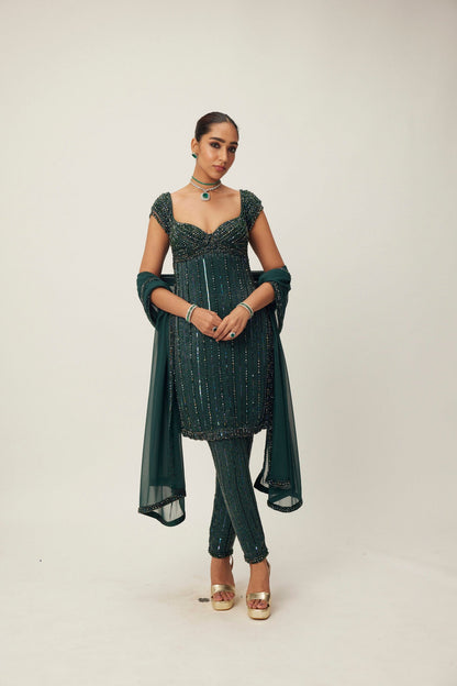 Dark Jade Green crystal Embellished Kurta Set
