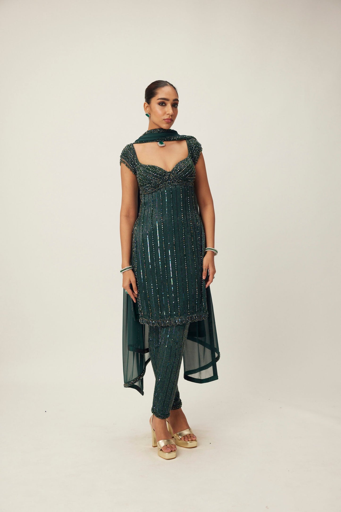 Dark Jade Green crystal Embellished Kurta Set