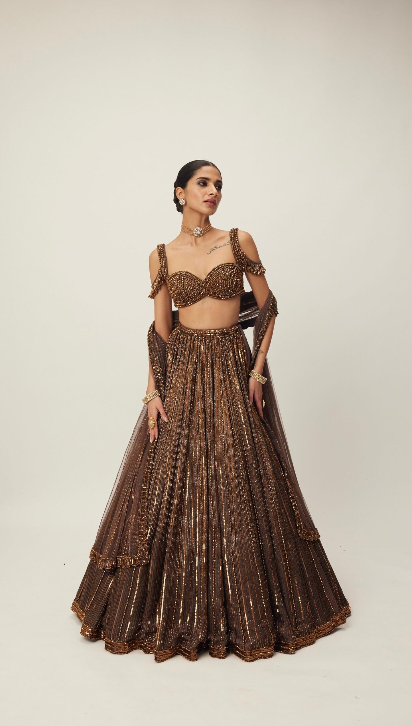 Copper crystal Linear embroidered Lehenga set