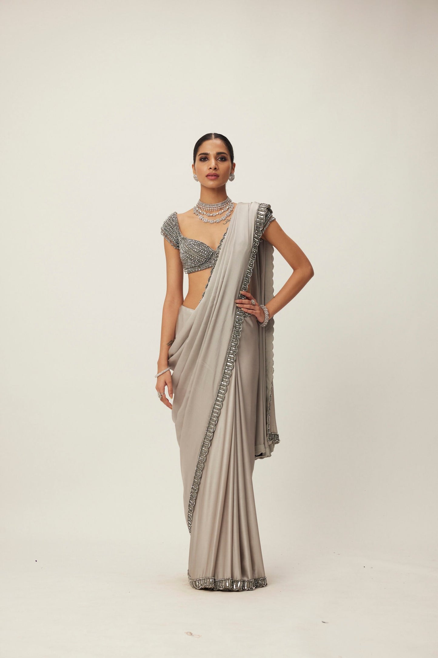 Crystal Grey Satin Saree Set