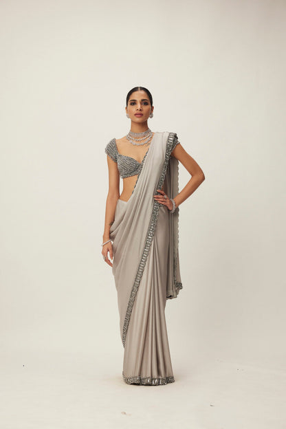 Crystal Grey Satin Saree Set