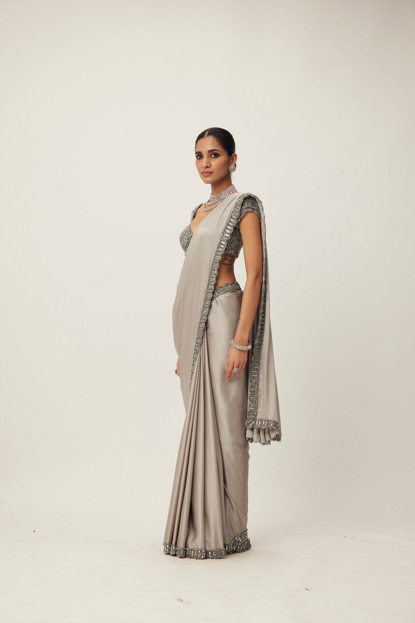 Crystal Grey Satin Saree Set