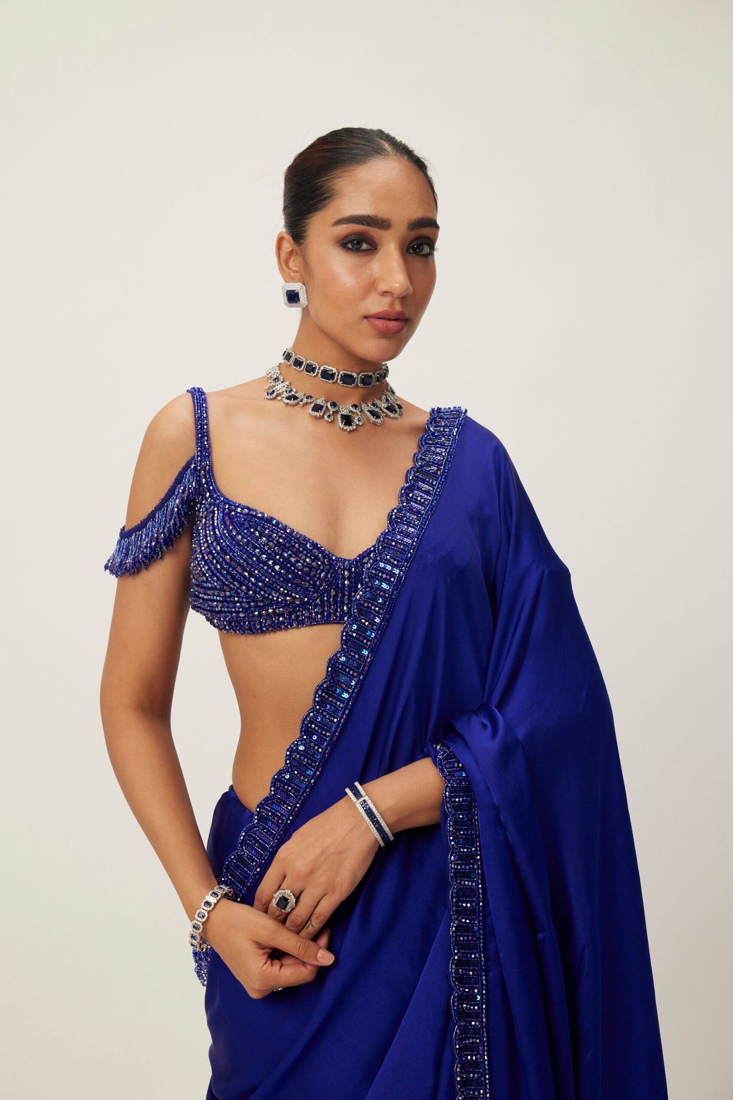 Cocktail Blue Satin Saree Set
