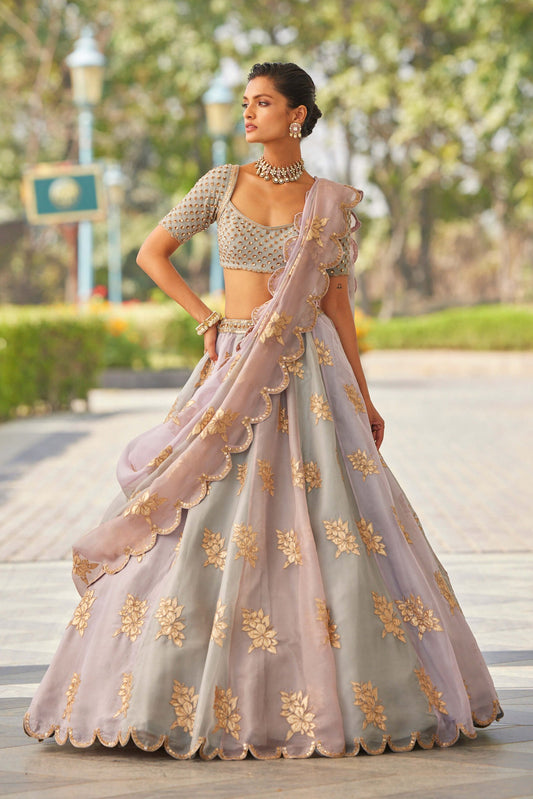 Powder Grey Multicolor Flower Lehenga Set