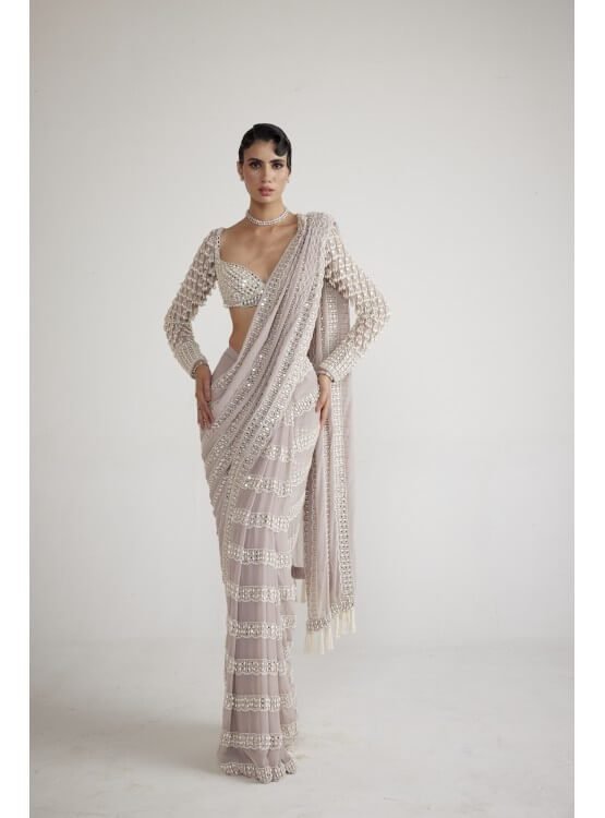Ash Pink Chandelier Pearl Drop Saree Set