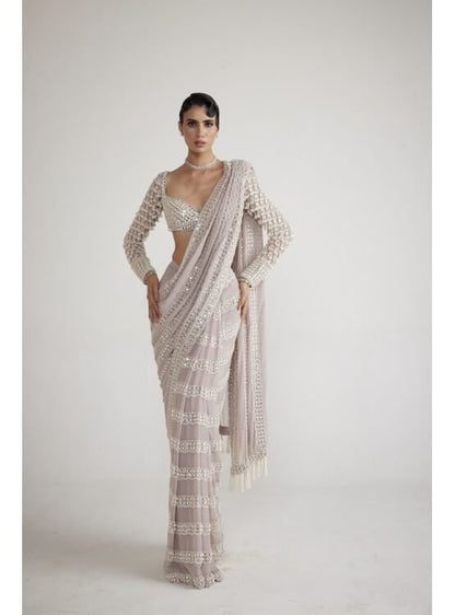 Ash Pink Chandelier Pearl Drop Saree Set