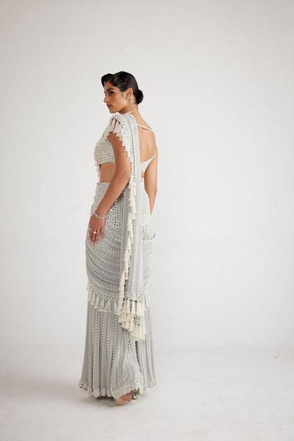 Powder Grey Chandelier Pearl Drop Saree Set