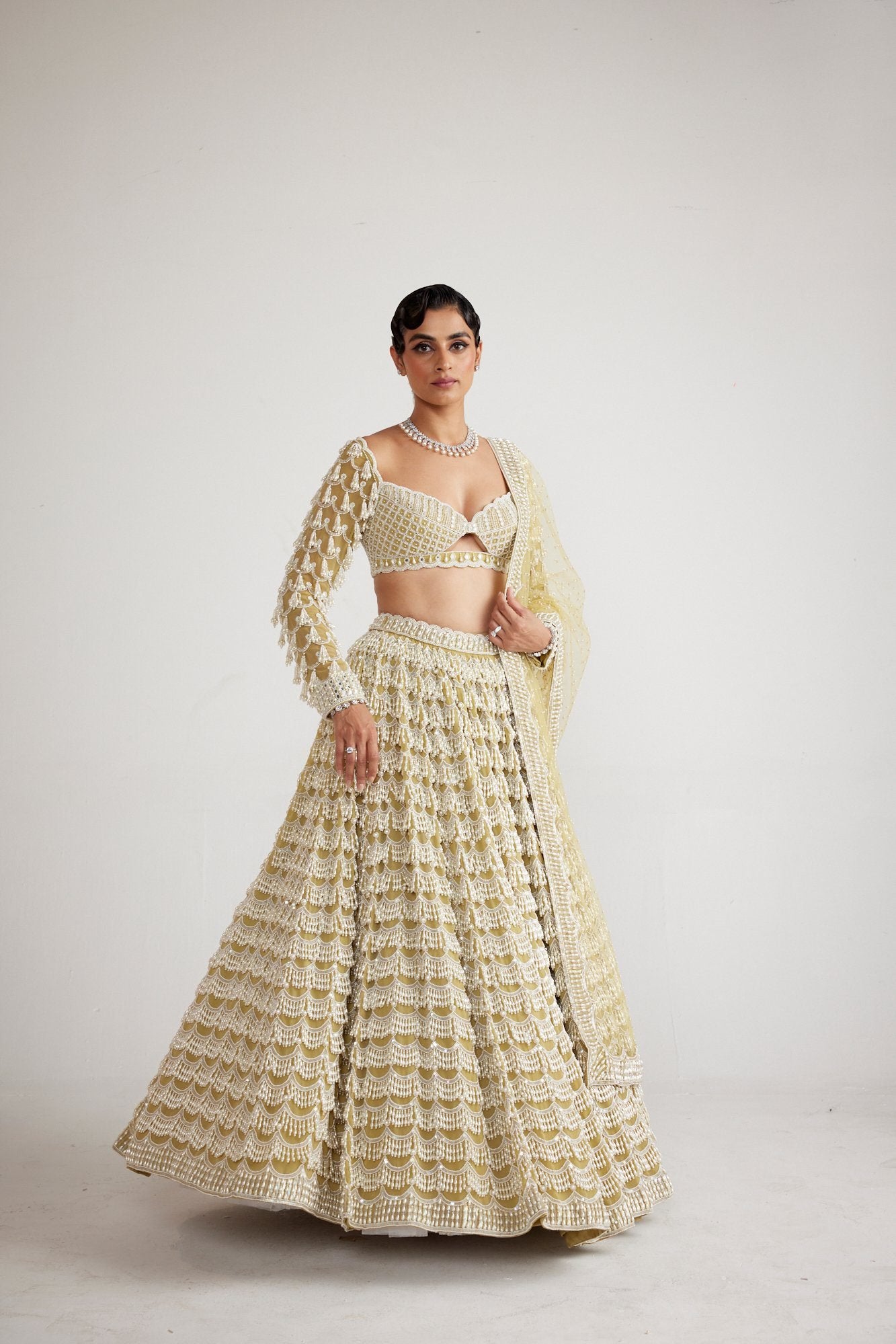 Fern Green Chandelier Pearl Drop Heavy Lehenga set