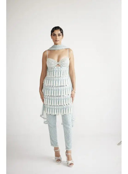 Powder Blue Chandelier Pearl Drop Pant Kurta Set